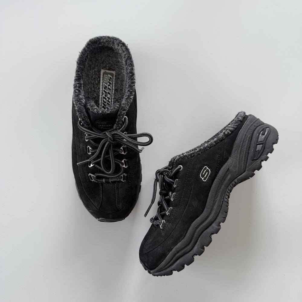 Skechers Clog Shoes Womens Size 8.5 Black Leather Fur Lined Walking Comfort
